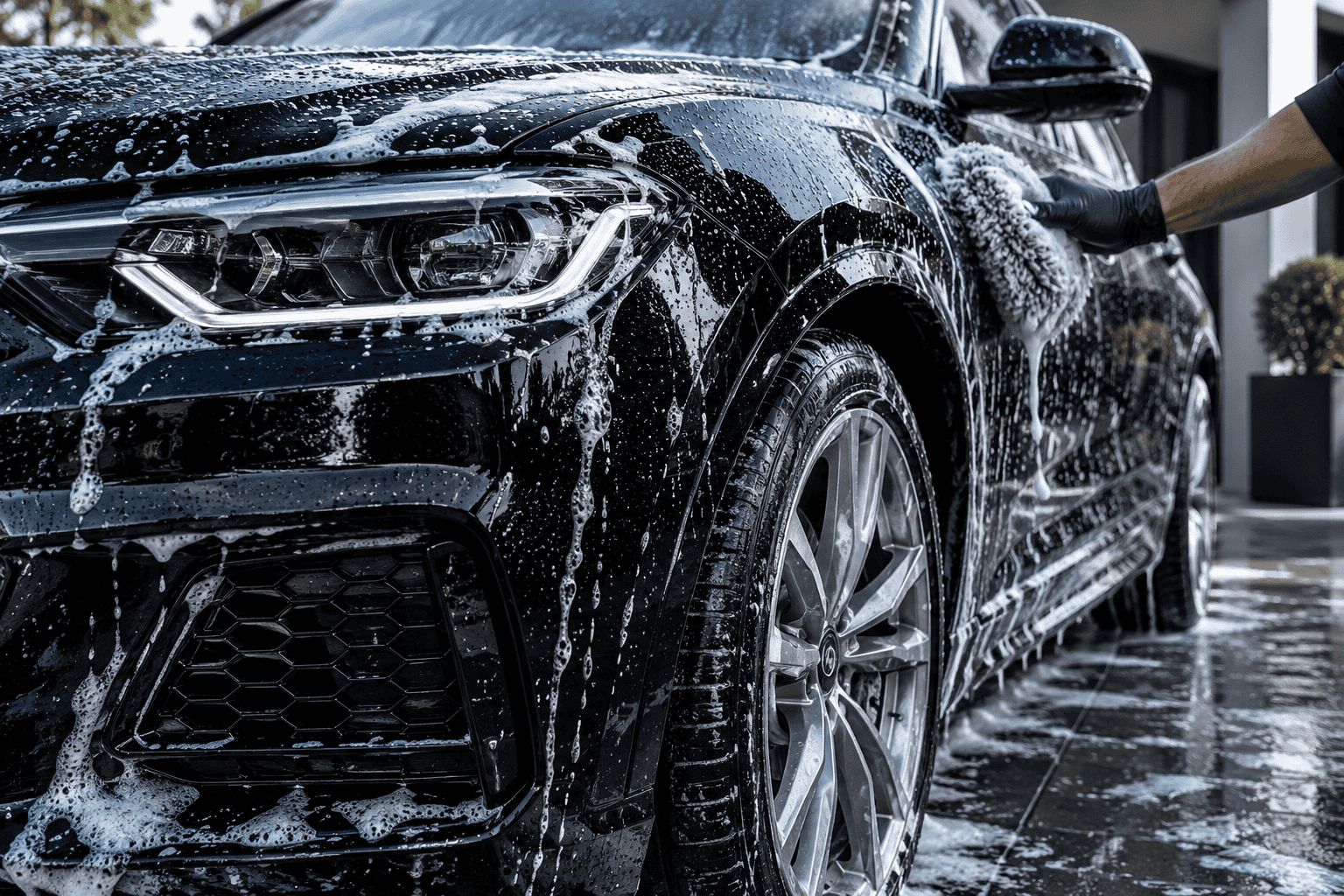 Illustrative image of foam washing a black vehicle on a residential driveway.