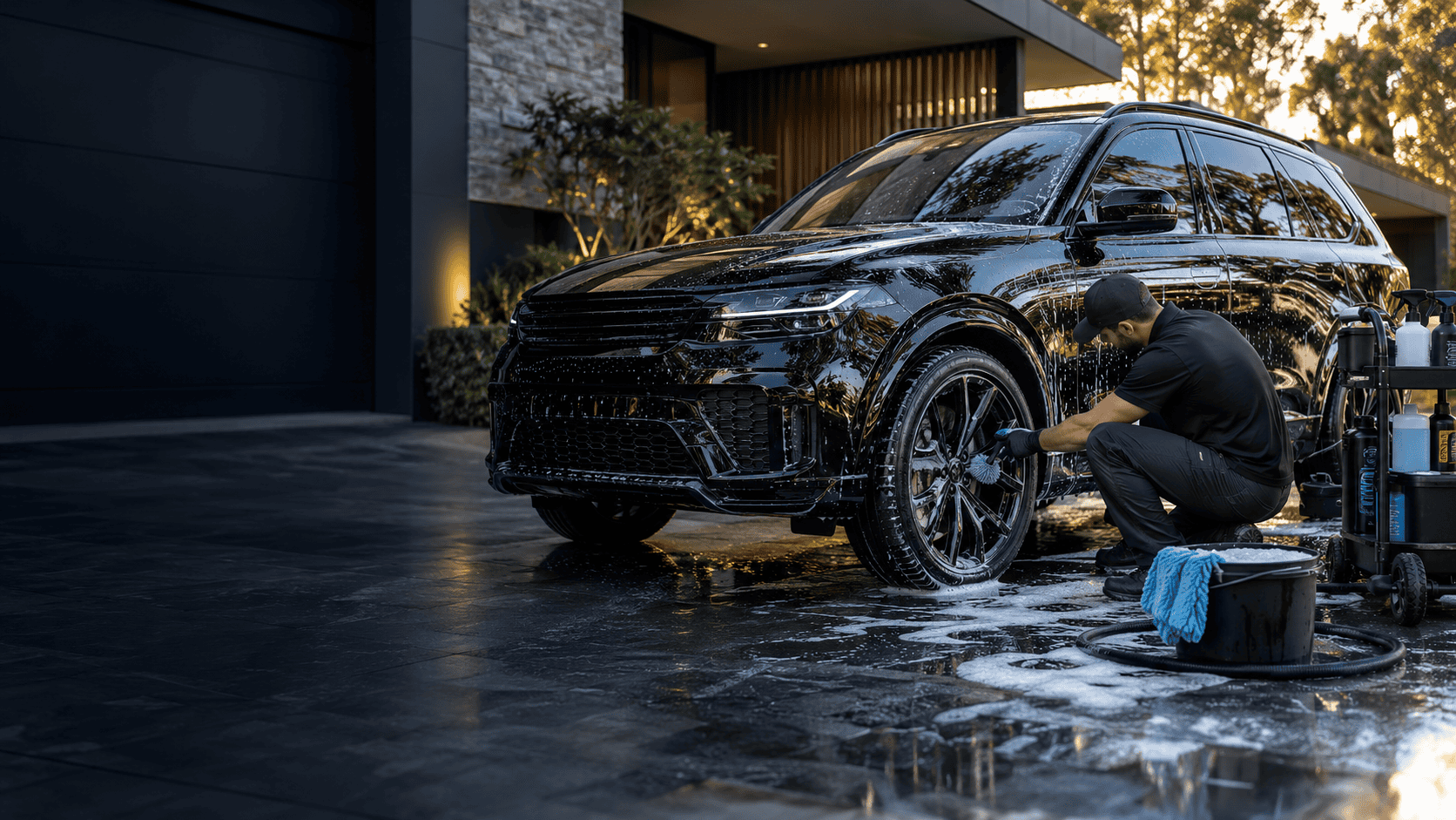 Illustrative image of a black SUV being detailed at a modern home.