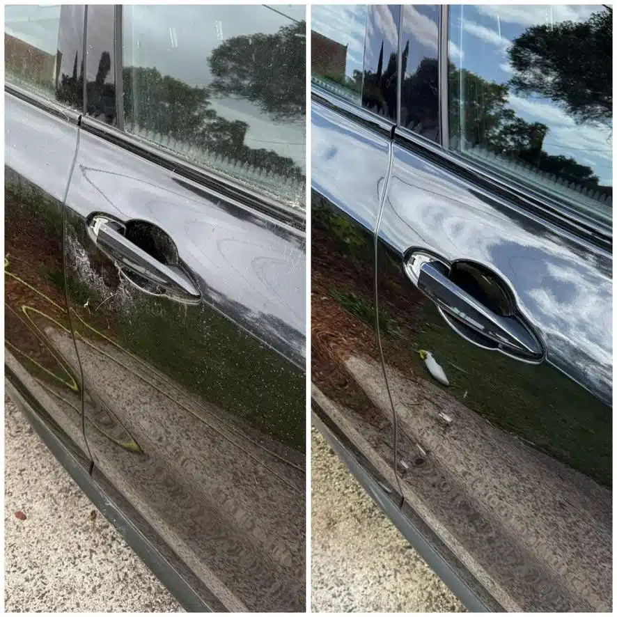 Business-supplied before-and-after comparison of BMW door paintwork.